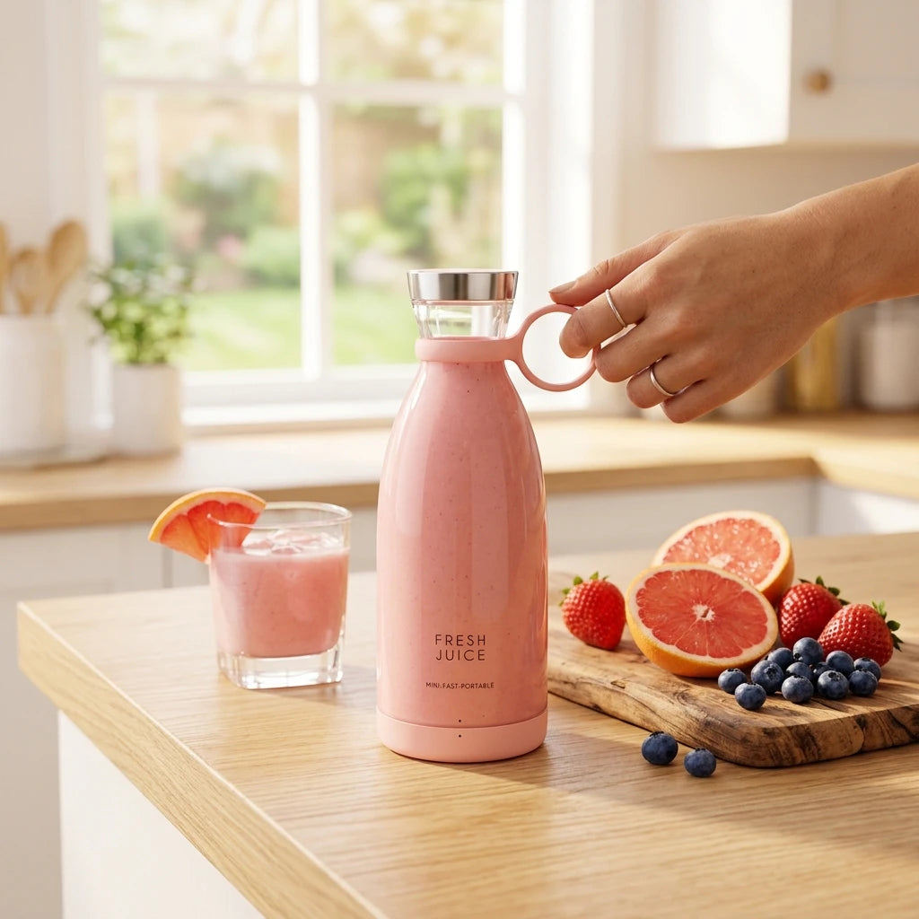 Portable 350ml electric juicer blender from stcraftdigital, showing the USB rechargeable household mixer with a clear blending cup.
