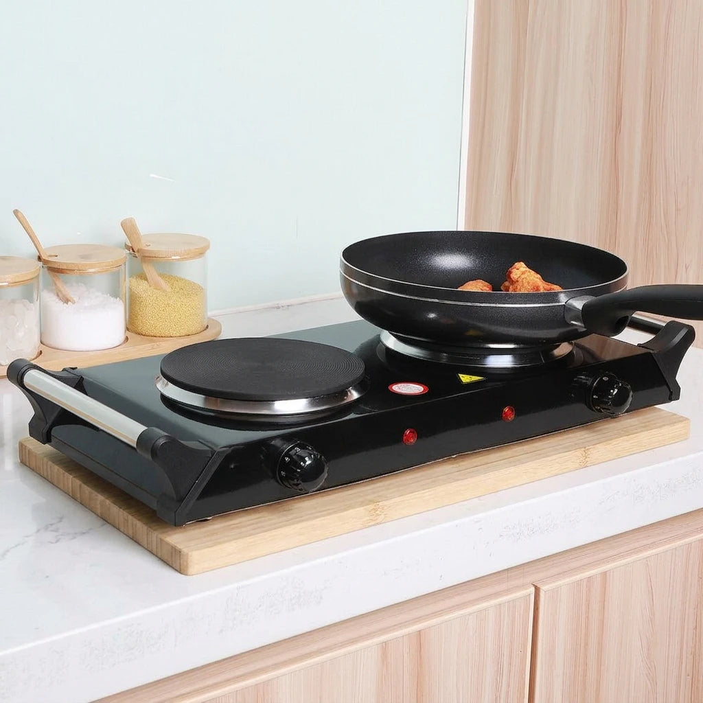 Stcraftdigital 2000W double hob cooker with two burners and control knobs for efficient home cooking.