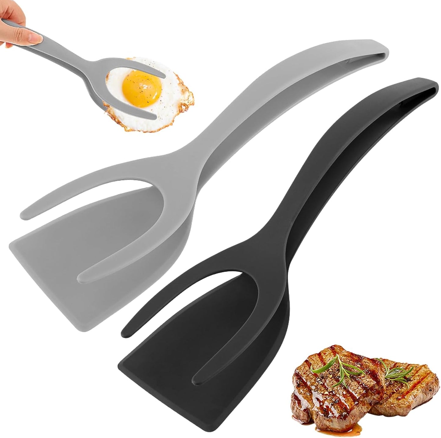 2 in 1 Egg Flipper Spatula, Non-Stick Grip and Flip Spatula Tongs for Pancakes, Omelets, Fish, Eggs, Burgers, Steaks, Heat Resistant Cooking Tool for Kitchen Use(Black+Red)