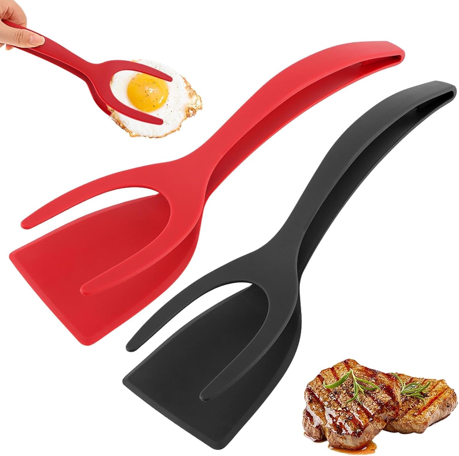 2 in 1 Egg Flipper Spatula, Non-Stick Grip and Flip Spatula Tongs for Pancakes, Omelets, Fish, Eggs, Burgers, Steaks, Heat Resistant Cooking Tool for Kitchen Use(Black+Red)
