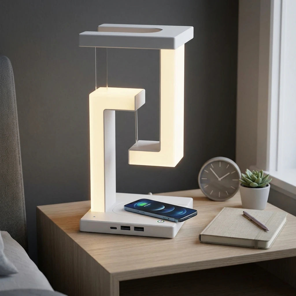 Creative wireless charging table lamp by stcraftdigital featuring a floating balance design for home or bedroom decor.