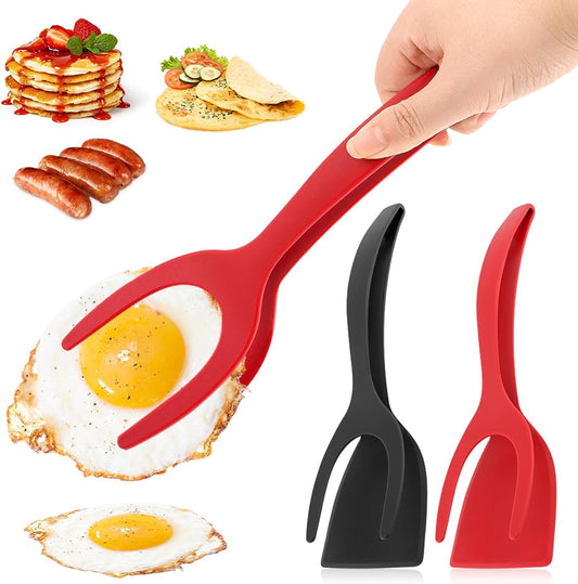 2 in 1 Egg Flipper Spatula, Non-Stick Grip and Flip Spatula Tongs for Pancakes, Omelets, Fish, Eggs, Burgers, Steaks, Heat Resistant Cooking Tool for Kitchen Use(Black+Red)