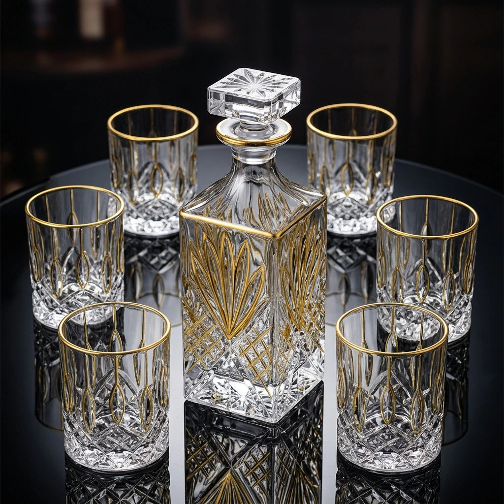 Seven-piece gold-trimmed liquor set for whiskey, featuring glasses and decanter, designed for home use by stcraftdigital.