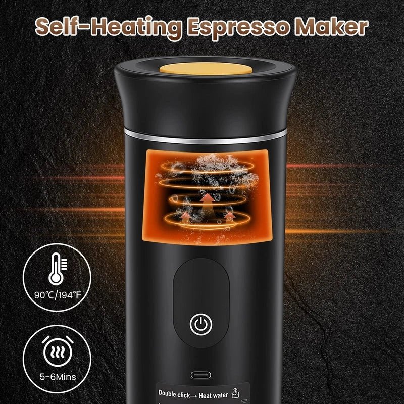 Portable espresso machine with 3-in-1 brewing support and self-heating system for cordless coffee making.