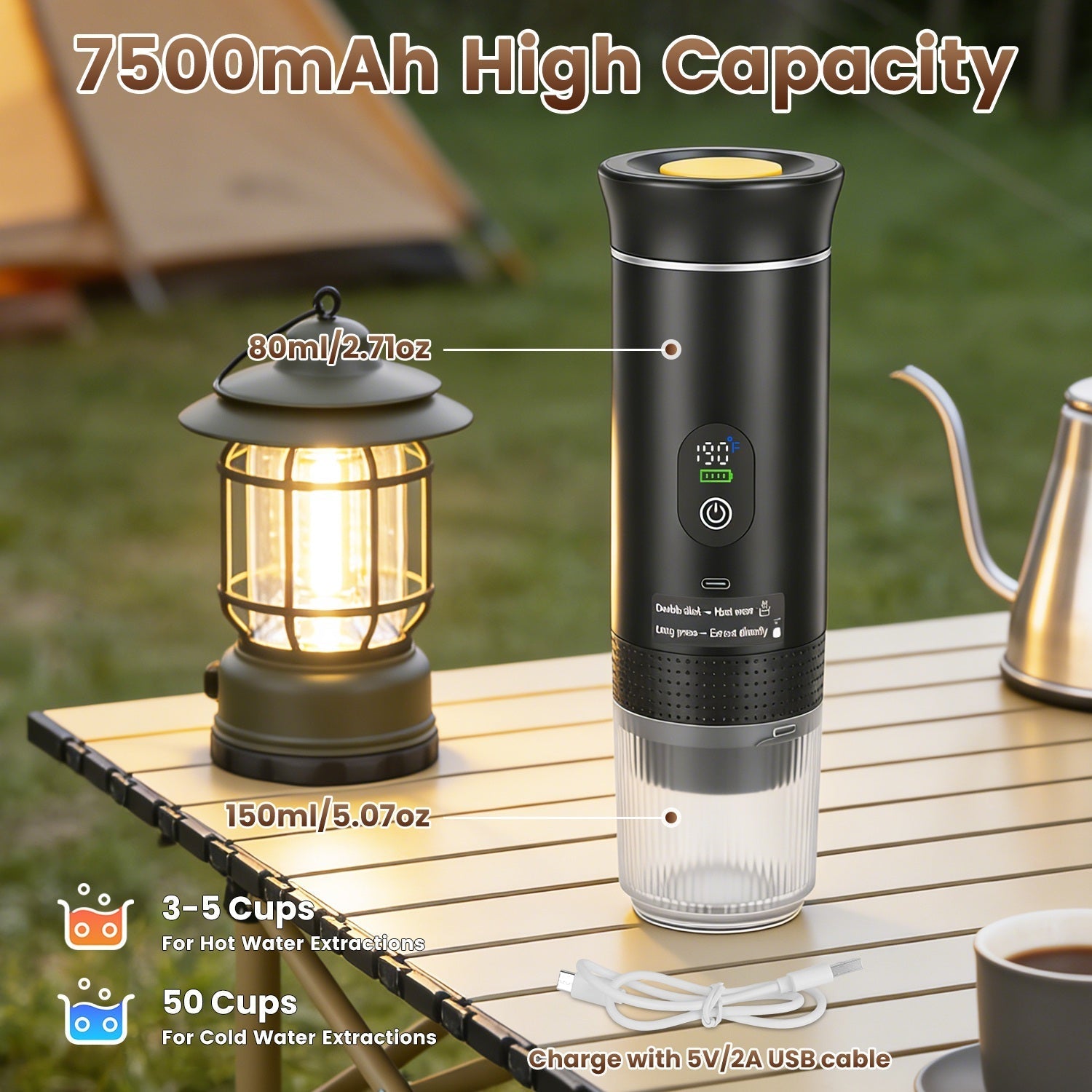 Portable espresso machine with 3-in-1 brewing support and self-heating system for cordless coffee making.