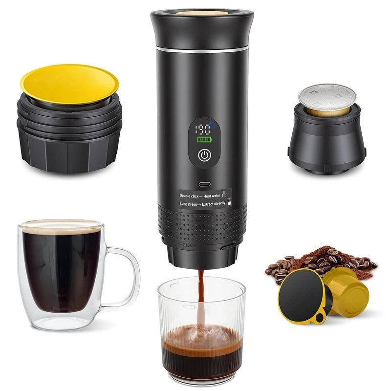 Portable espresso machine with 3-in-1 brewing support and self-heating system for cordless coffee making.