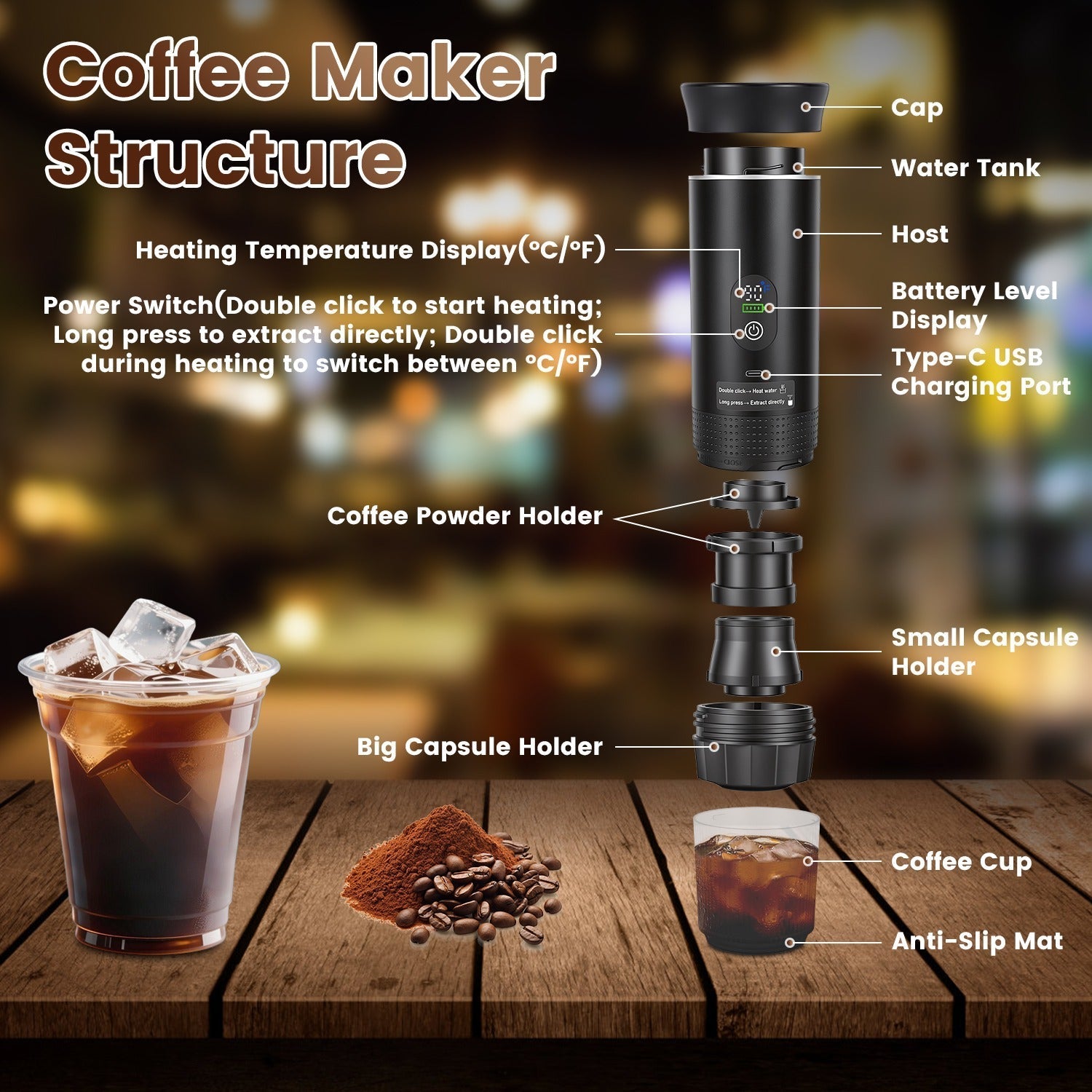 Portable espresso machine with 3-in-1 brewing support and self-heating system for cordless coffee making.