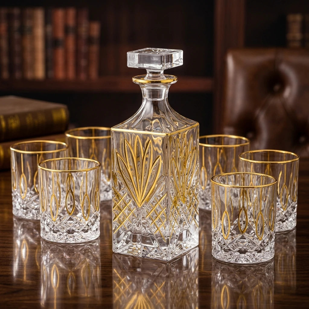 Seven-piece gold-trimmed liquor set for whiskey by stcraftdigital, including glasses and decanter, for elegant home bar use