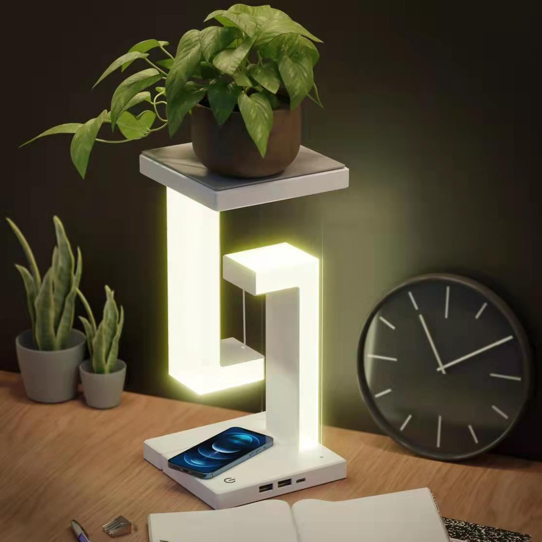 Wireless charging suspension table lamp by stcraftdigital featuring a floating, balanced design for home and bedroom lighting.