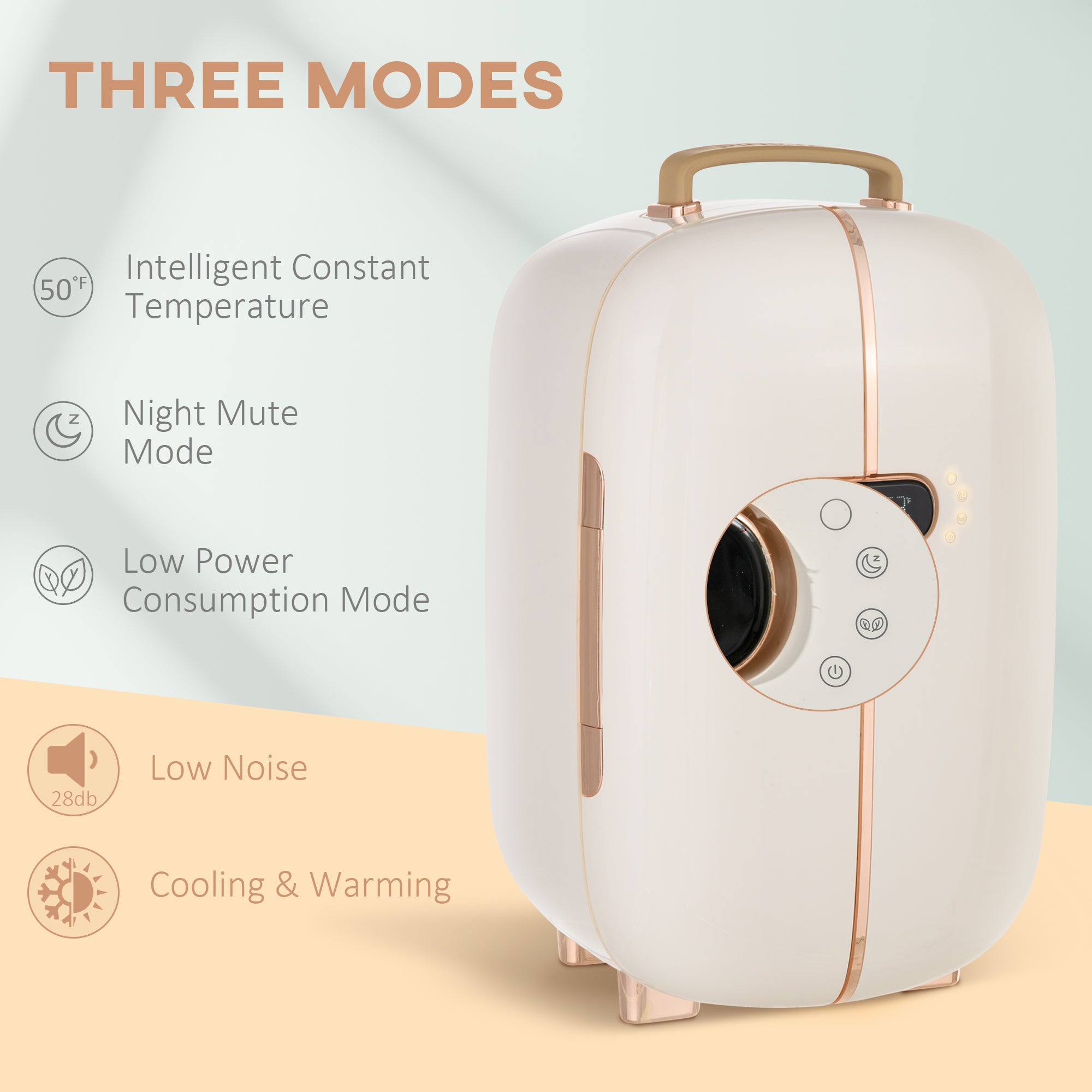 White portable skincare fridge with LED display, 12L mini fridge for beauty, makeup, and cosmetics storage at home or office.