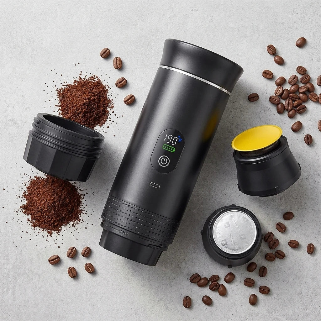 Portable Stcraftdigital 3-in-1 cordless espresso machine with self-heating, 20Bar pressure, 7500mAh battery, for camping and home use.