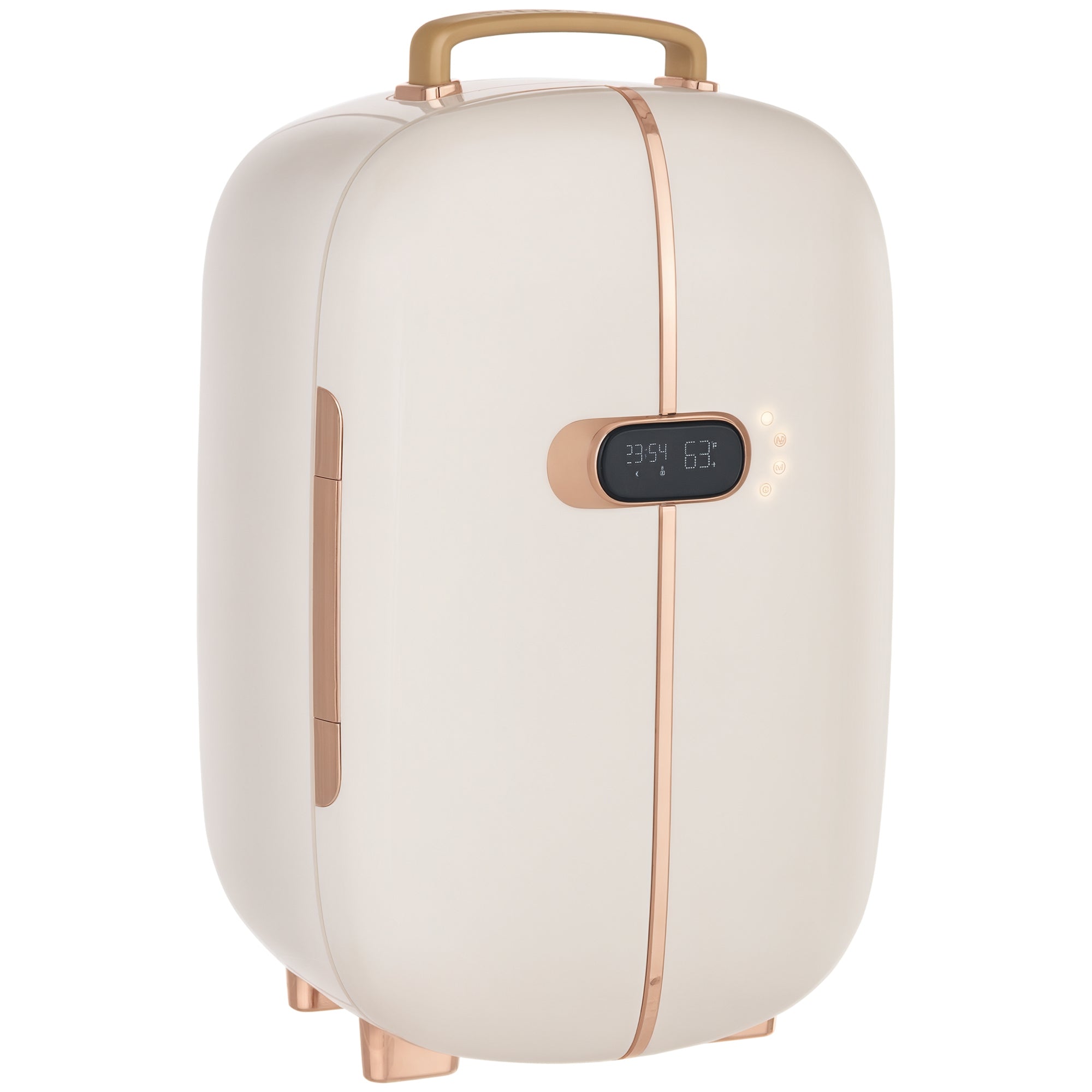 White portable skincare fridge with LED display, 12L capacity, compact mini fridge for makeup, beauty, and cosmetics storage.