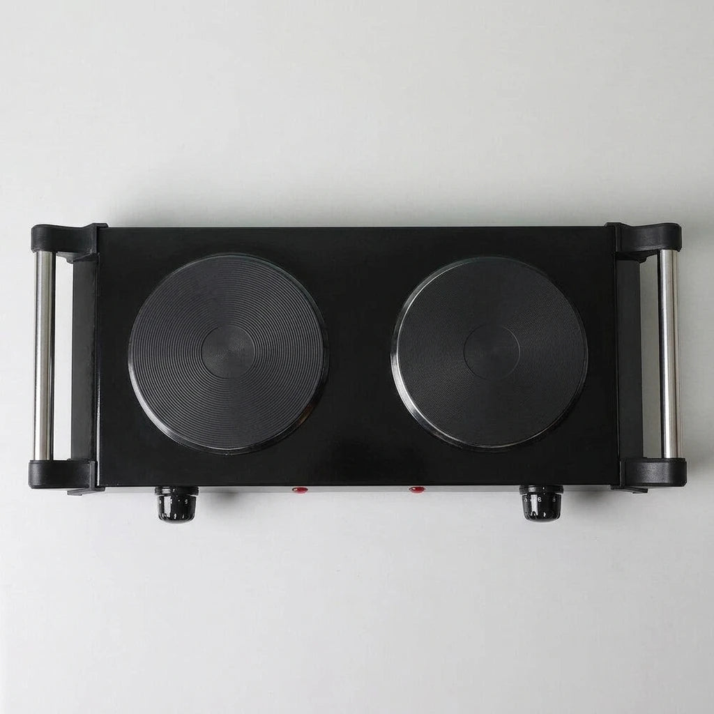 Stcraftdigital 2000W double hob cooker with stainless steel finish, two burners, and control knobs for efficient home cooking.