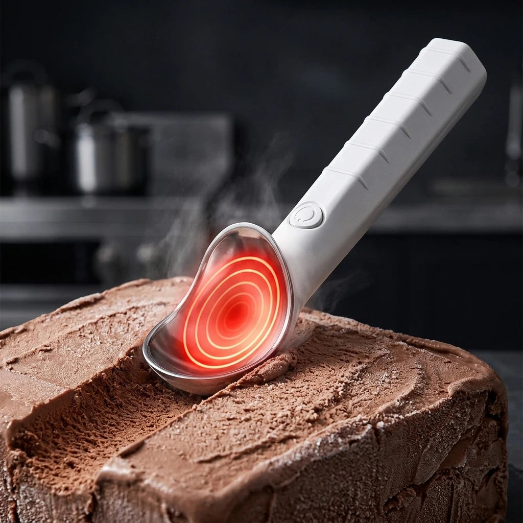 Rechargeable electric ice cream scoop by stcraftdigital, waterproof, fast heating, auto shutoff, ideal for hard ice cream and gelato.