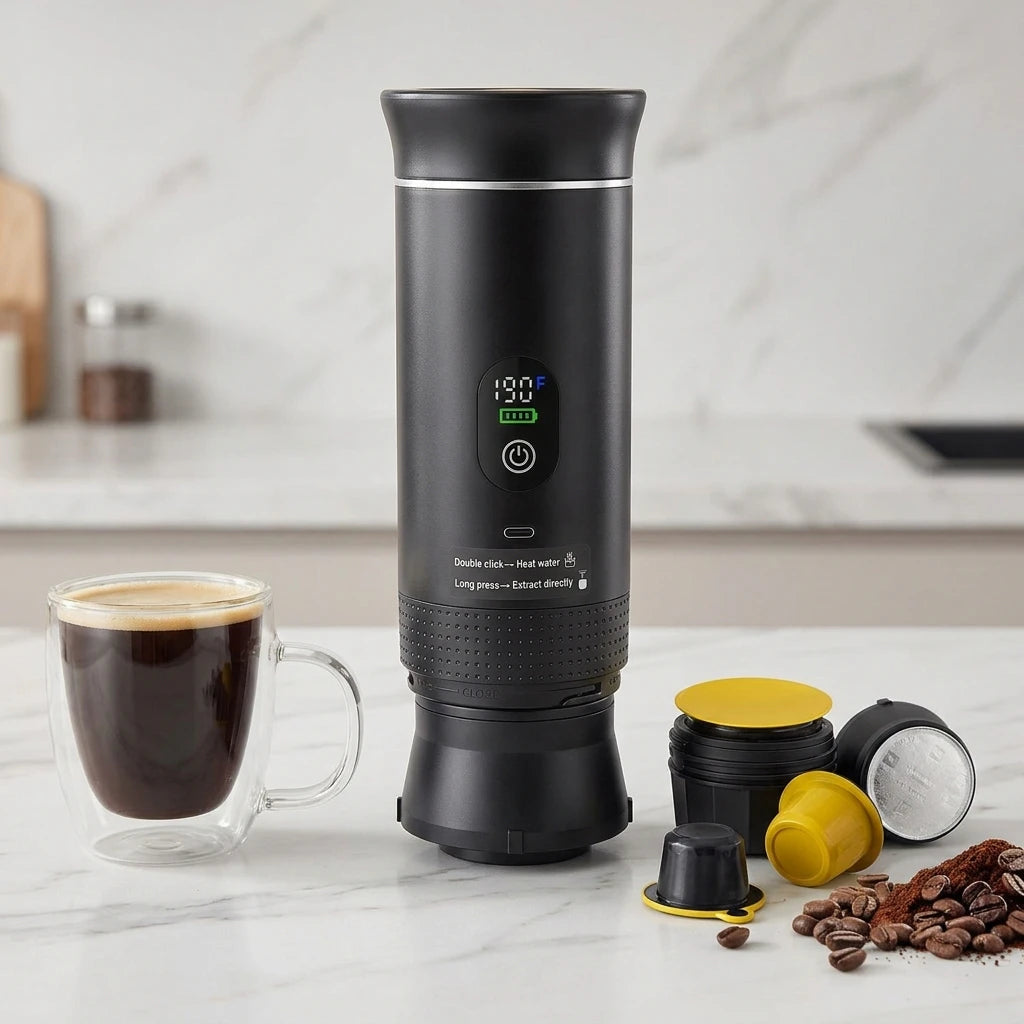 Stcraftdigital 3-in-1 portable cordless espresso machine for camping and home, featuring a self-heating design, 20-bar pressure, and 7500mAh battery.