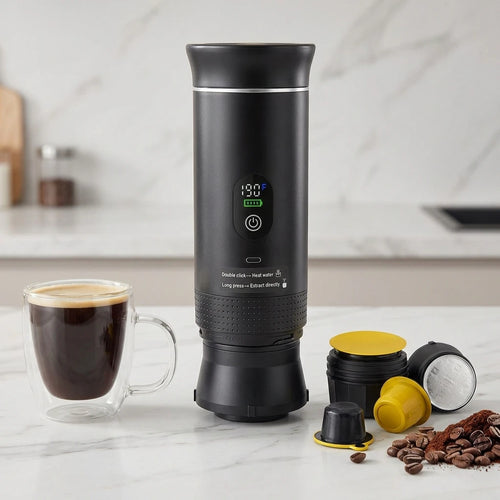 Stcraftdigital 3-in-1 portable cordless espresso machine for camping and home, featuring a self-heating design, 20-bar pressure, and 7500mAh battery.