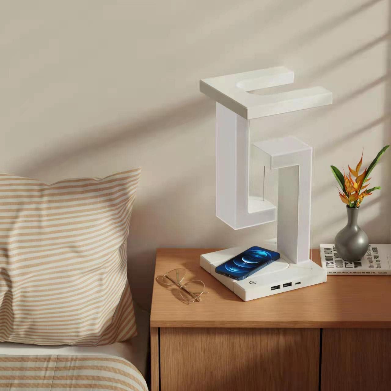 Creative stcraftdigital wireless charging suspension table lamp with floating balance design for home and bedroom decor.