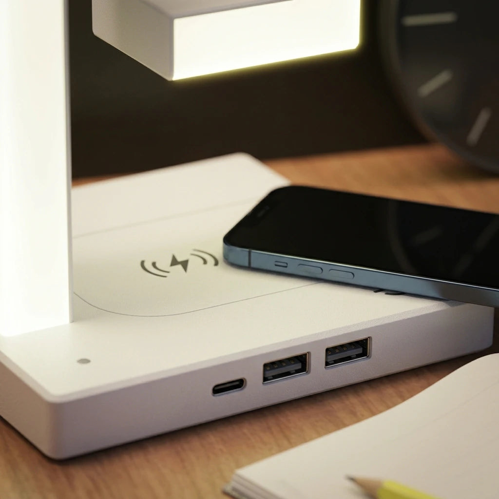 Creative wireless charging suspension table lamp by stcraftdigital, floating design with smartphone compatibility for home or bedroom use.