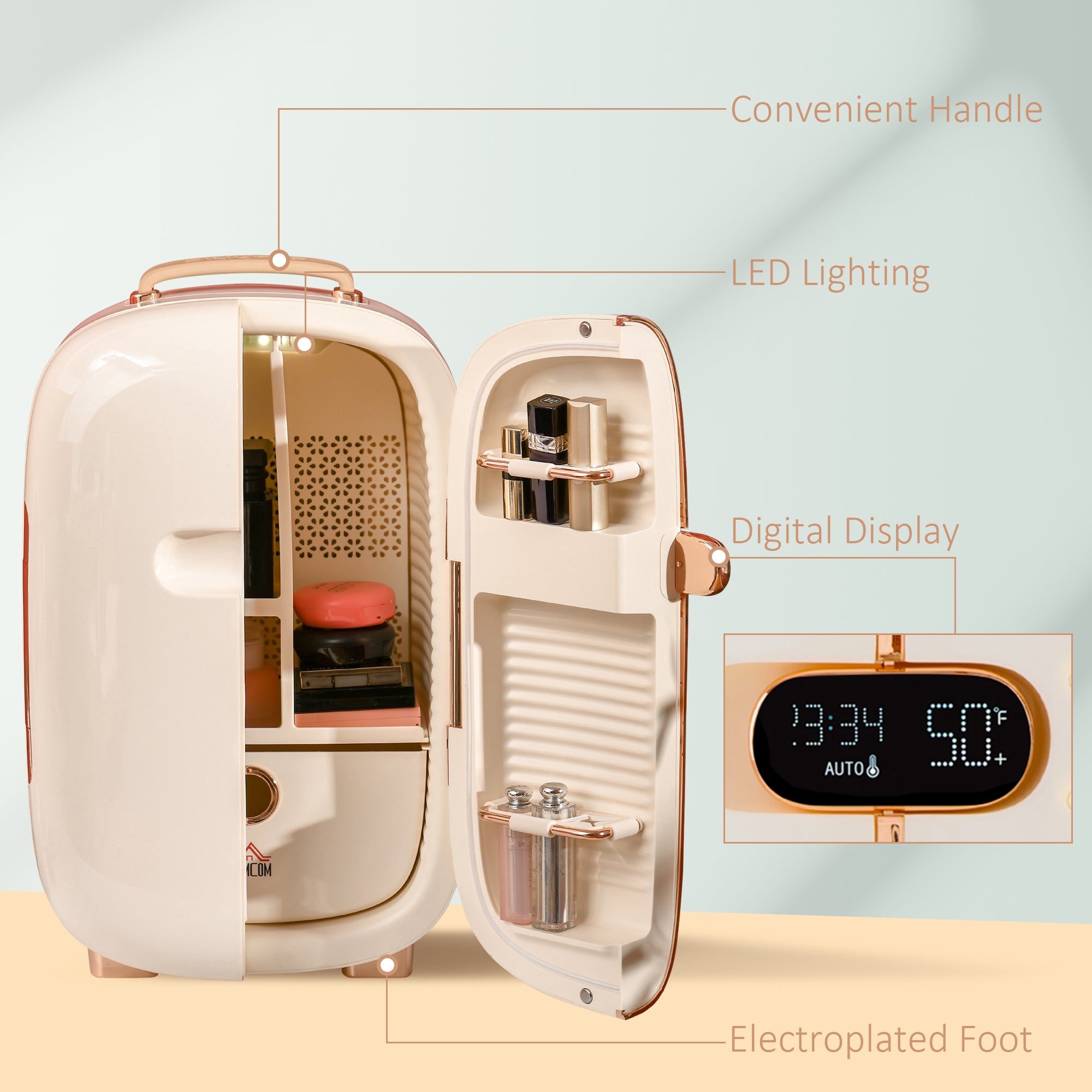 White portable skincare mini fridge with LED display, 12L capacity, compact cooler for beauty, makeup, and cosmetics storage.