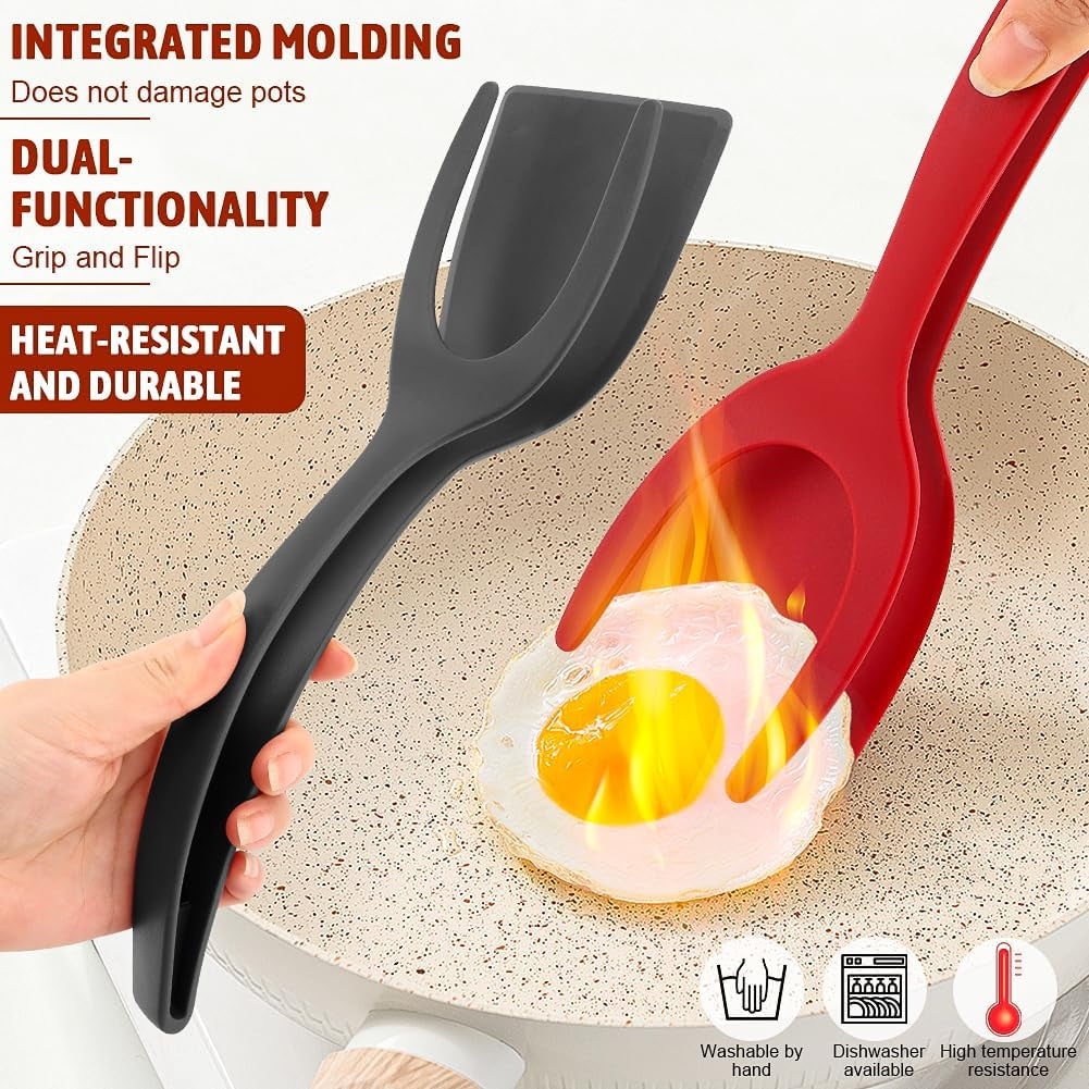 2 in 1 Egg Flipper Spatula, Non-Stick Grip and Flip Spatula Tongs for Pancakes, Omelets, Fish, Eggs, Burgers, Steaks, Heat Resistant Cooking Tool for Kitchen Use(Black+Red)