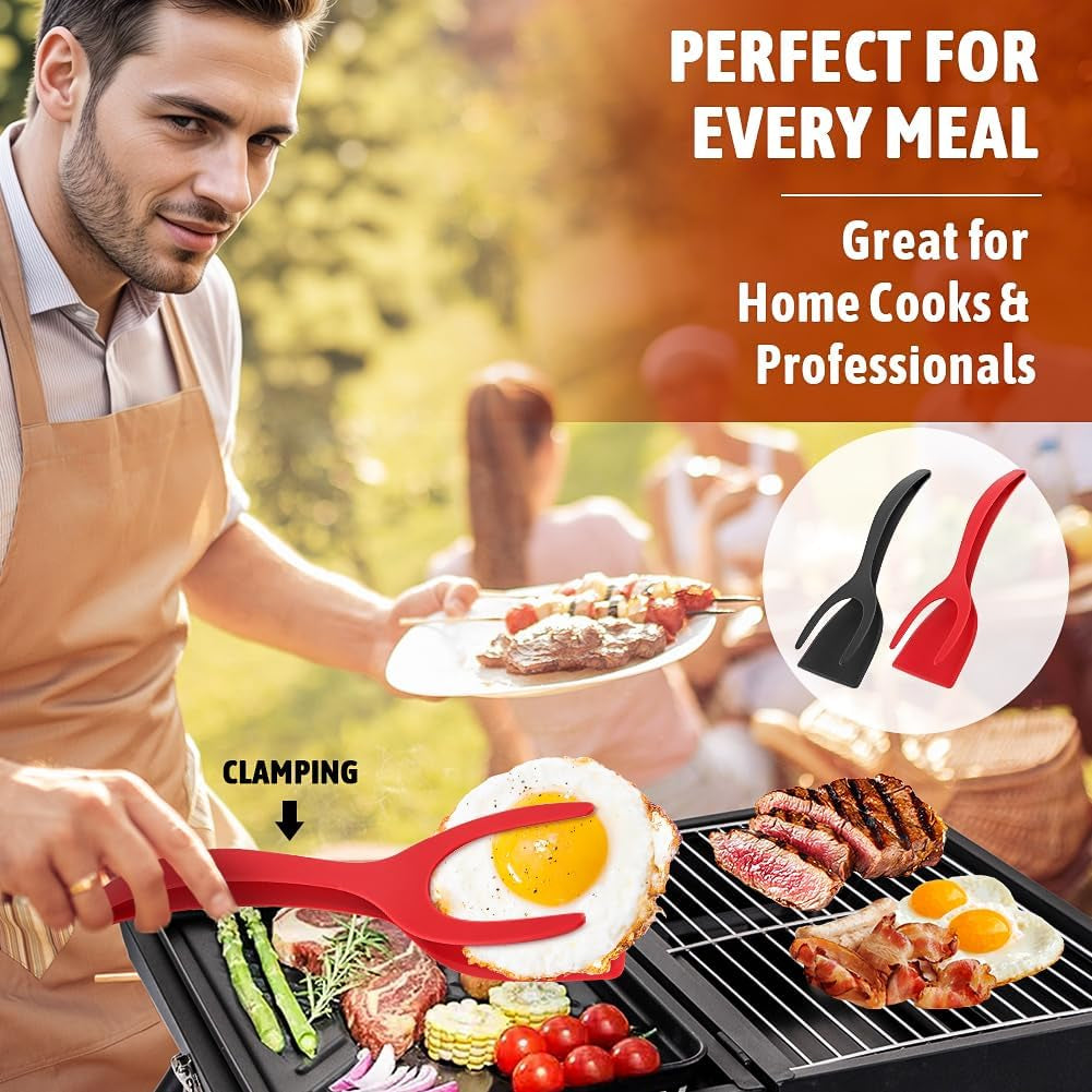 2 in 1 Egg Flipper Spatula, Non-Stick Grip and Flip Spatula Tongs for Pancakes, Omelets, Fish, Eggs, Burgers, Steaks, Heat Resistant Cooking Tool for Kitchen Use(Black+Red)