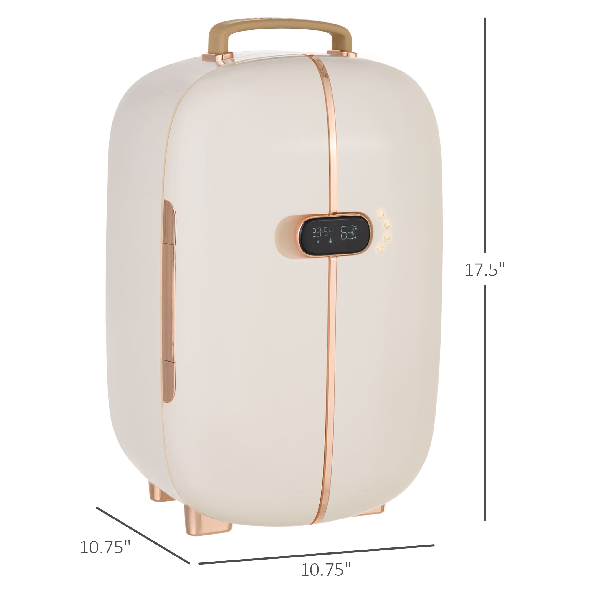 White portable skincare fridge with LED display, 12L capacity, compact mini fridge for beauty, makeup, and cosmetics storage.