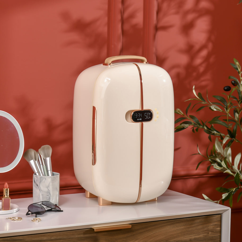 White portable skincare fridge with LED display, 12L capacity, compact mini fridge for beauty, makeup, and cosmetics.