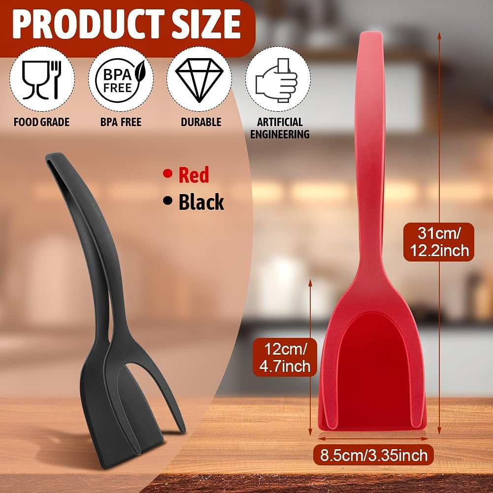 2 in 1 Egg Flipper Spatula, Non-Stick Grip and Flip Spatula Tongs for Pancakes, Omelets, Fish, Eggs, Burgers, Steaks, Heat Resistant Cooking Tool for Kitchen Use(Black+Red)