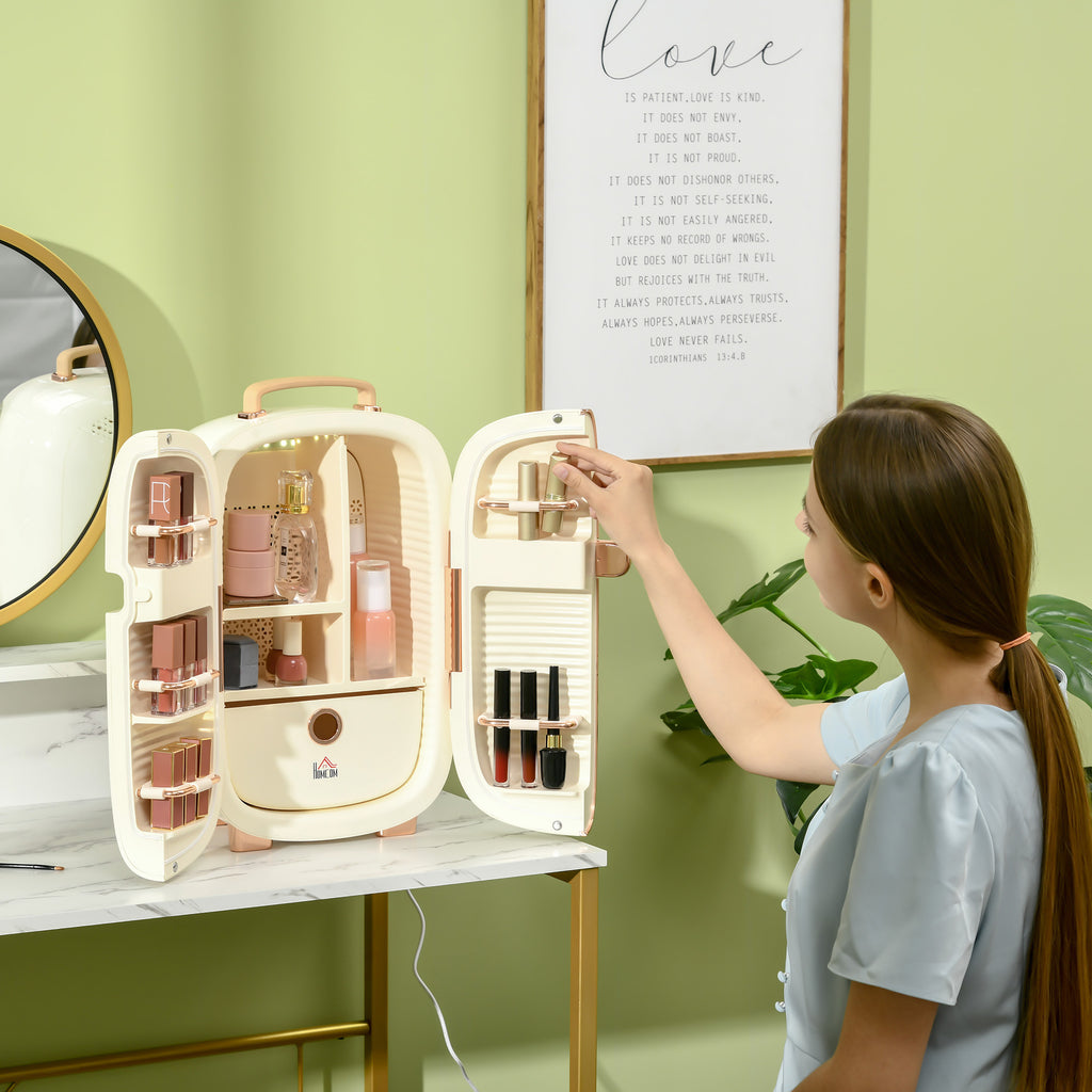 White portable skincare fridge with LED display, 12L mini refrigerator for beauty, makeup, cosmetics, ideal for home or office use.