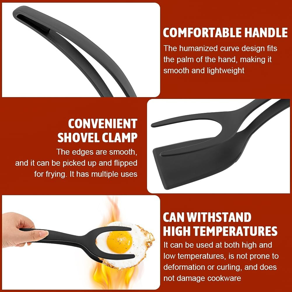 2 in 1 Egg Flipper Spatula, Non-Stick Grip and Flip Spatula Tongs for Pancakes, Omelets, Fish, Eggs, Burgers, Steaks, Heat Resistant Cooking Tool for Kitchen Use(Black+Red)