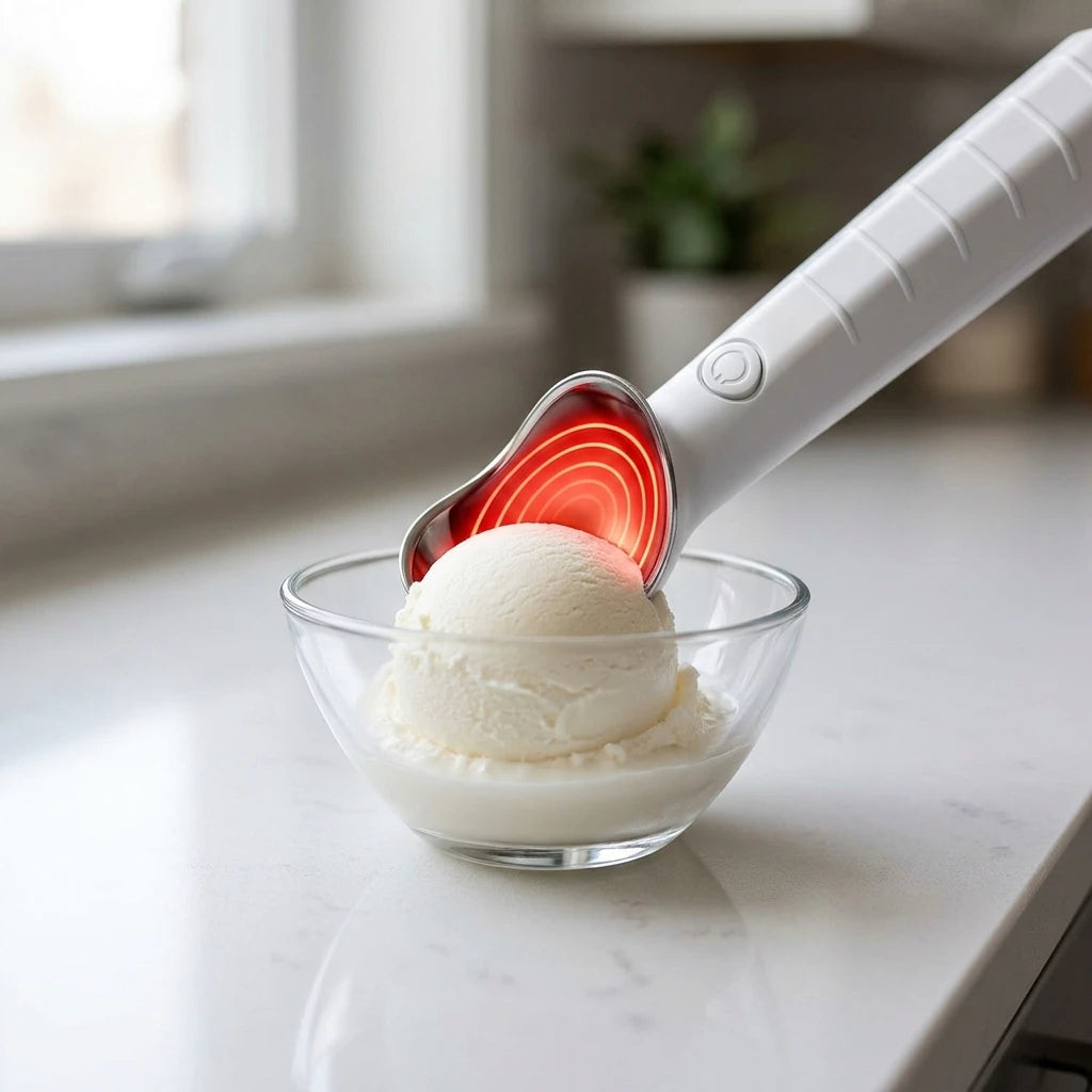 Rechargeable electric ice cream scoop by stcraftdigital with stainless steel scoop, waterproof IP66, fast heating, and auto shutoff.
