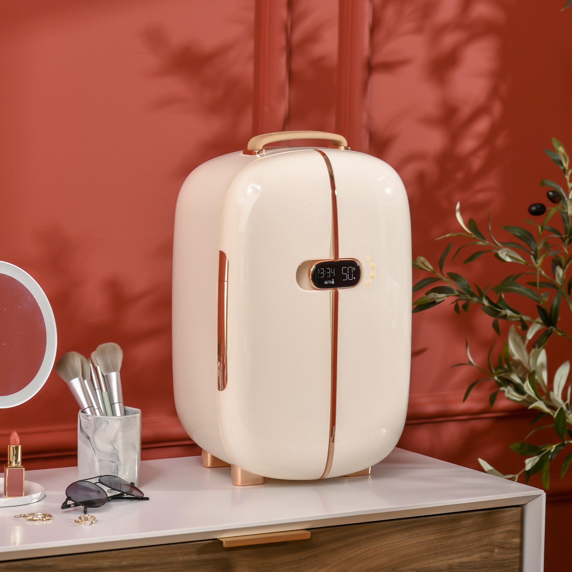 White portable skincare fridge with LED display, 12L capacity, compact mini refrigerator for beauty, makeup, and cosmetics storage.