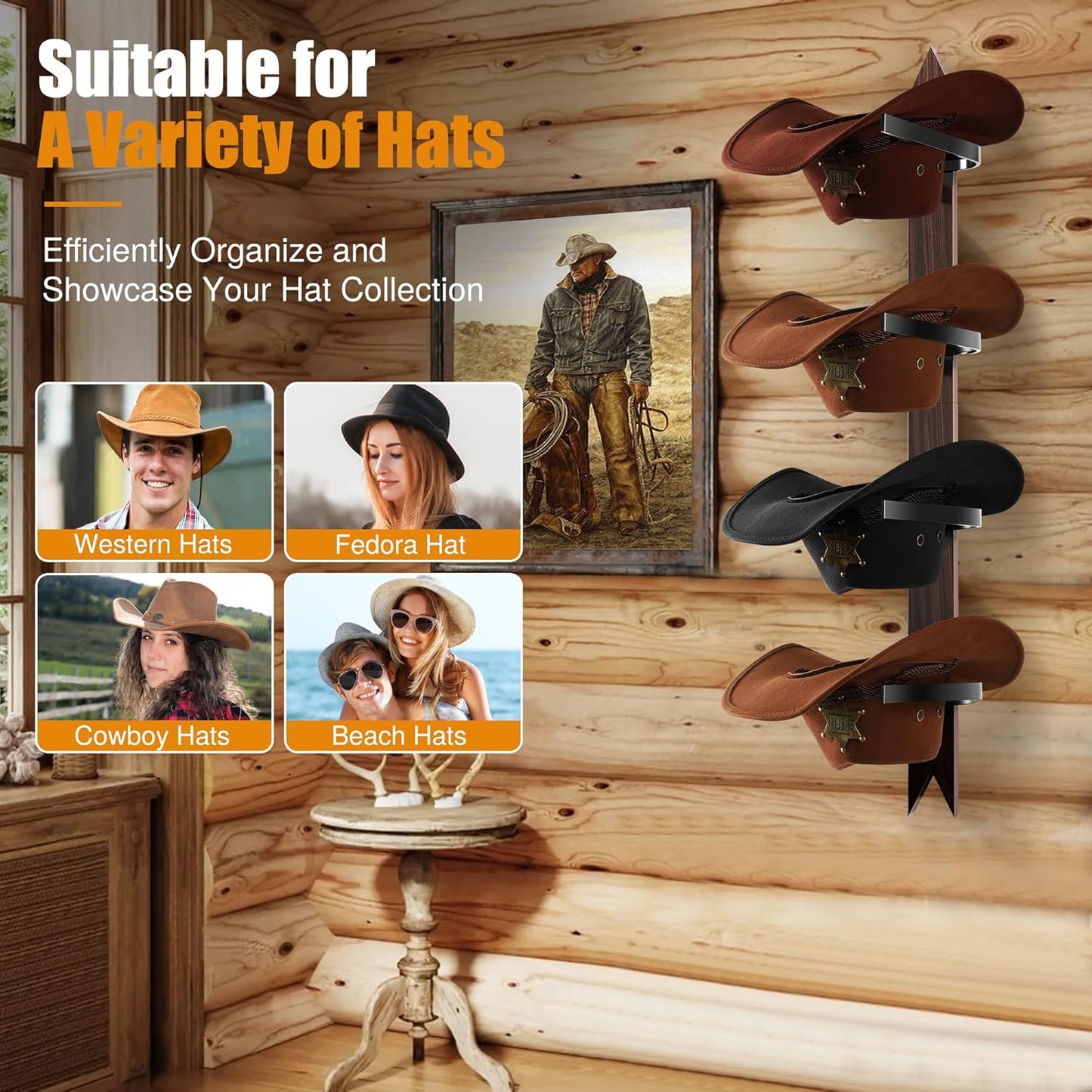 Cowboy Hat Rack Wall Mount - Rustic Wooden Western Metal Cowboy Hat Holder & Hanger Organizer with Arrow Sign Board for Bedroom, Hallway & Doorway - Holds 4 Hats, Fedora, Sun Hats, Gift for Him