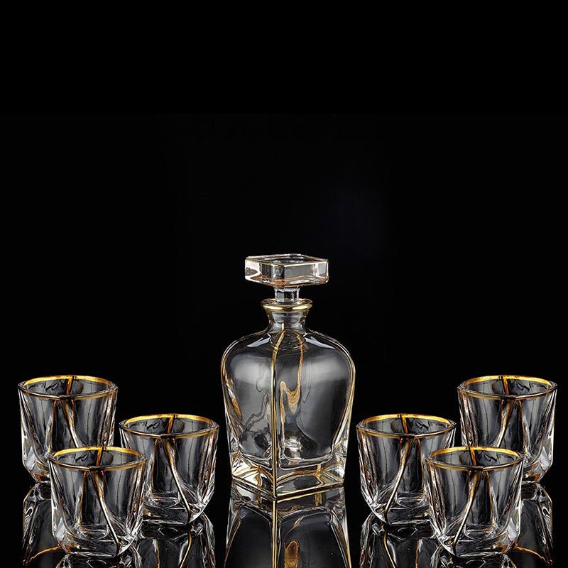 Elegant crystal glass whisky set with tumblers and a decanter, perfect for home bar or entertaining.