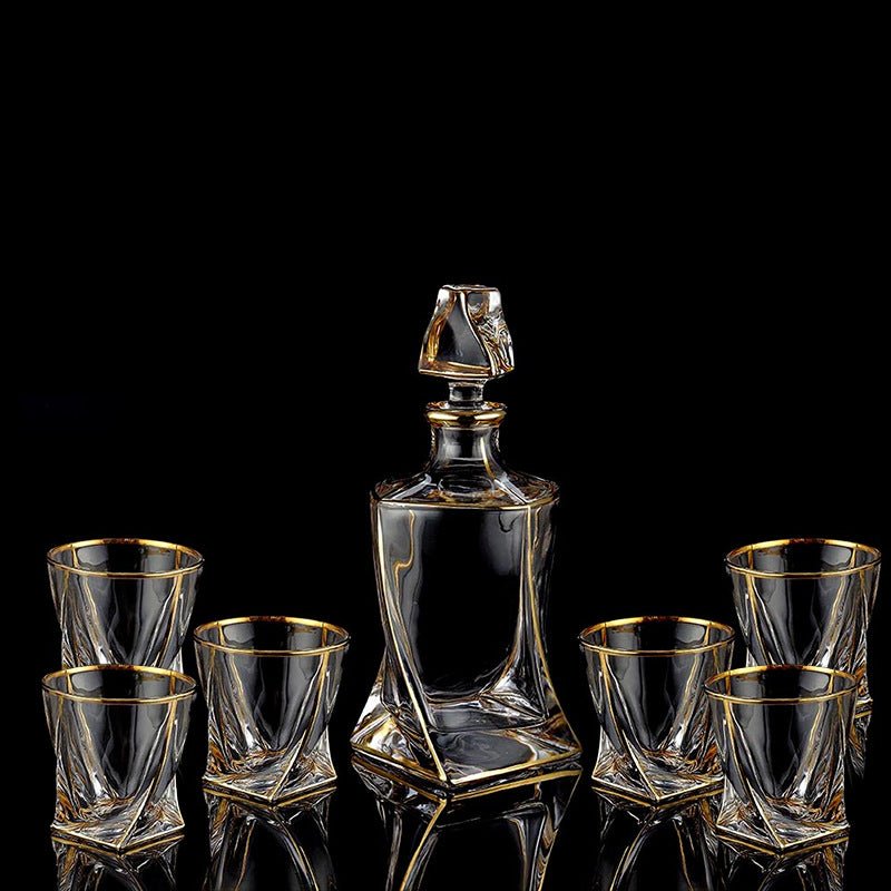 Elegant crystal glass whisky set by stcraftdigital featuring four tumblers with a sophisticated design for home bar use.
