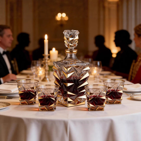 Creative Versatile Crystal Glass Whisky Set by stcraftdigital featuring elegant tumblers and a matching decanter for home bar decor.