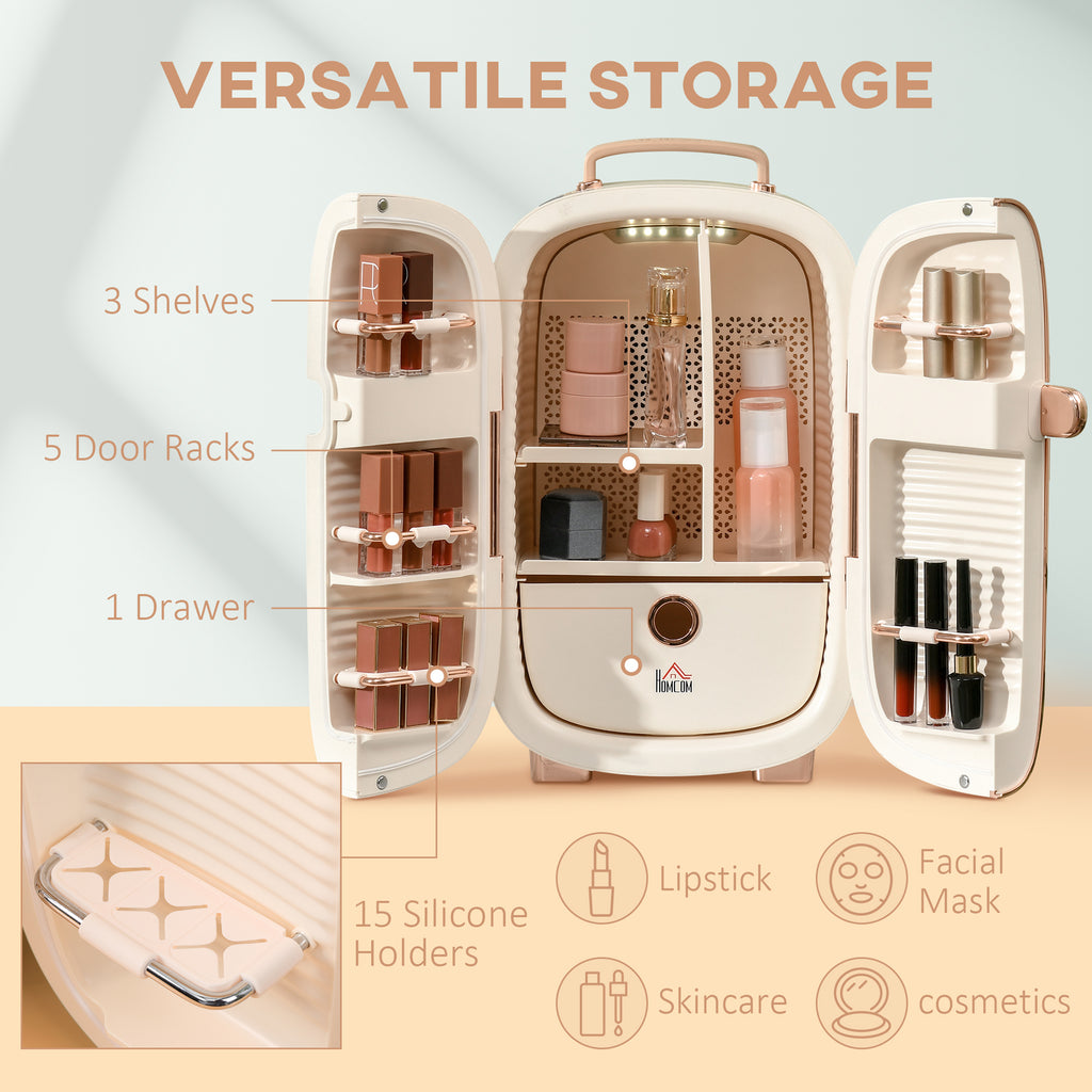 White 12L portable skincare fridge with LED display, compact mini fridge for beauty, makeup, and cosmetics storage.