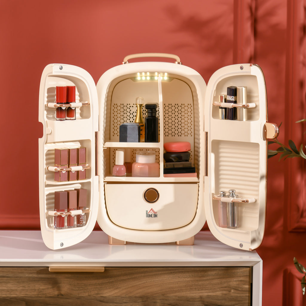 White portable skincare fridge with LED display, 12L capacity, compact mini fridge for beauty, makeup, and cosmetics storage.