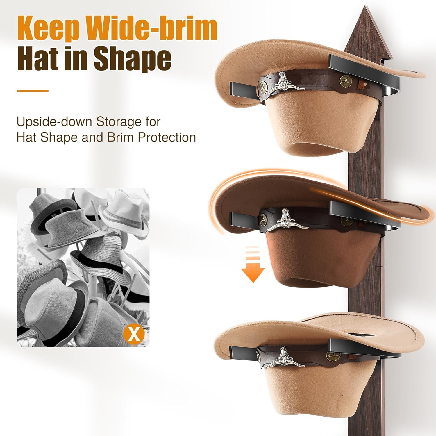 Cowboy Hat Rack Wall Mount - Rustic Wooden Western Metal Cowboy Hat Holder & Hanger Organizer with Arrow Sign Board for Bedroom, Hallway & Doorway - Holds 4 Hats, Fedora, Sun Hats, Gift for Him