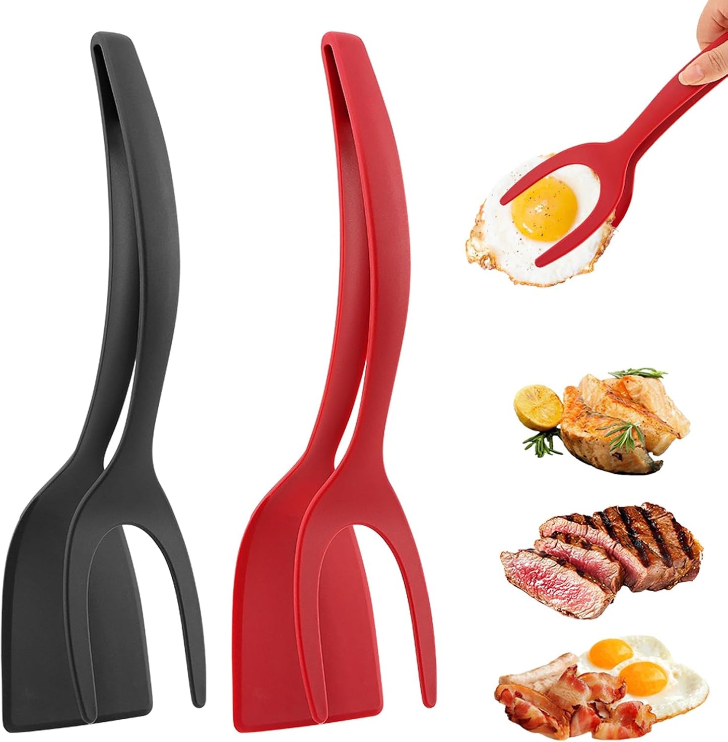 2 in 1 Egg Flipper Spatula, Non-Stick Grip and Flip Spatula Tongs for Pancakes, Omelets, Fish, Eggs, Burgers, Steaks, Heat Resistant Cooking Tool for Kitchen Use(Black+Red)