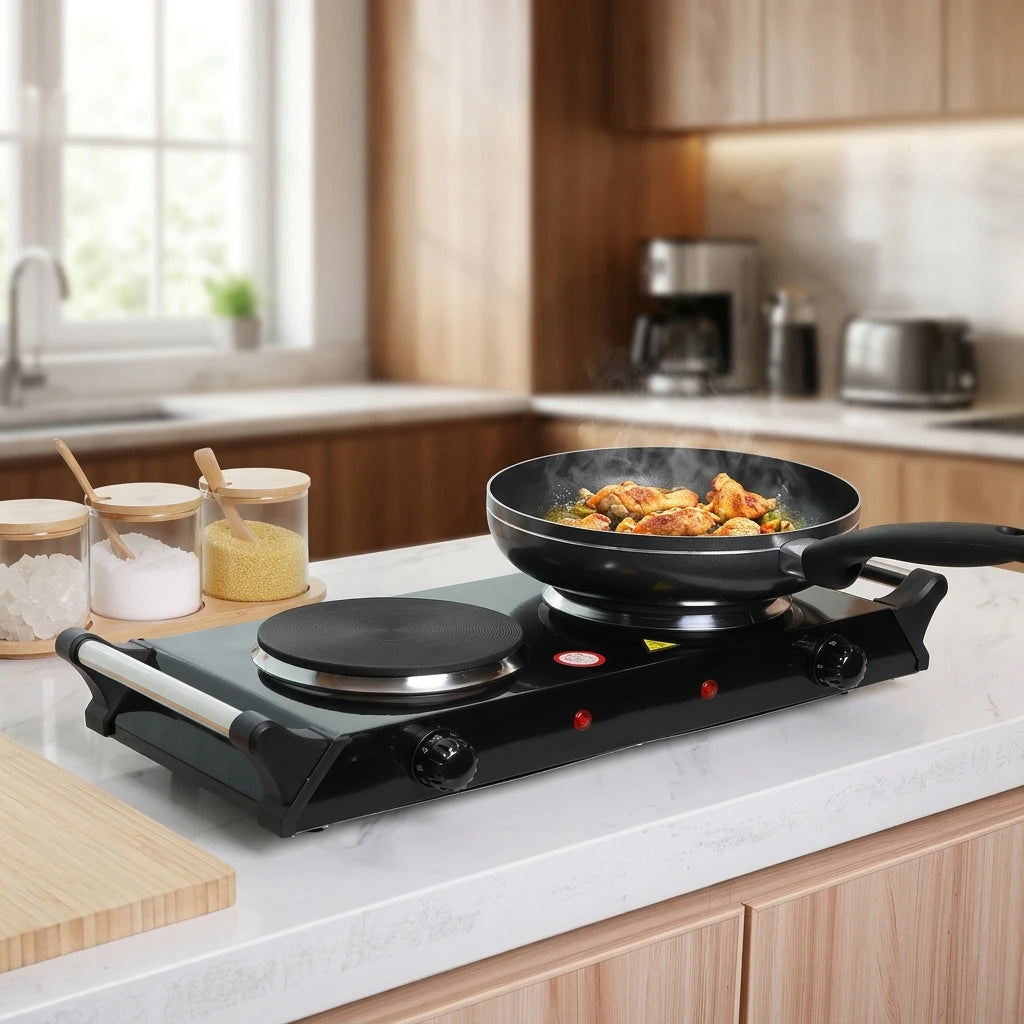 Stcraftdigital 2000W double hob cooker with two burners, black finish, ideal for home cooking and kitchen upgrades.