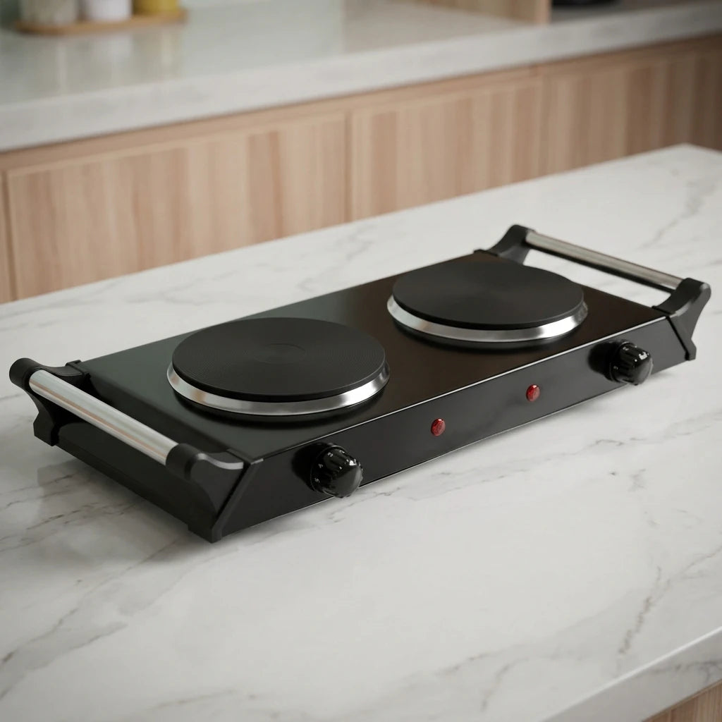 Stcraftdigital 2000W double hob cooker with two burners, ideal for home cooking and kitchen improvements.