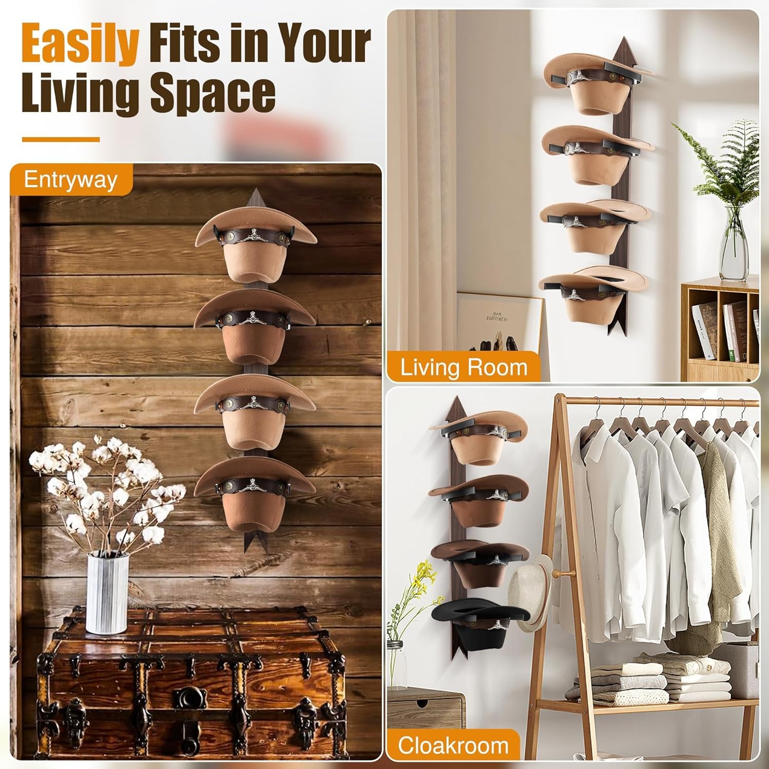 Cowboy Hat Rack Wall Mount - Rustic Wooden Western Metal Cowboy Hat Holder & Hanger Organizer with Arrow Sign Board for Bedroom, Hallway & Doorway - Holds 4 Hats, Fedora, Sun Hats, Gift for Him