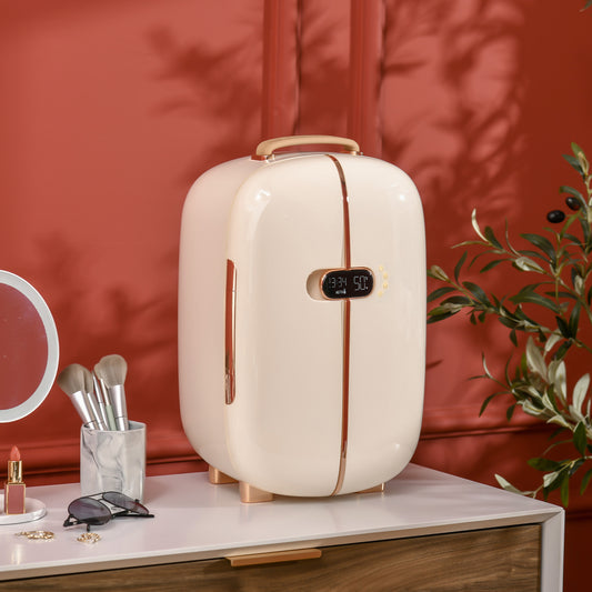 White portable skincare fridge with LED display, 12L capacity, compact mini fridge for beauty, makeup, and cosmetics.